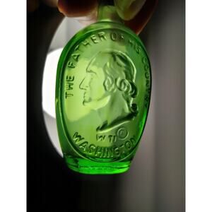 Wheaton Green Carnival Glass Bottle George Washington President 1970's Mini 3"